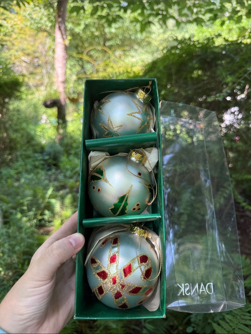 Dansk Pale Green Glass Holiday Ornament Trio with Gold and Red Accents